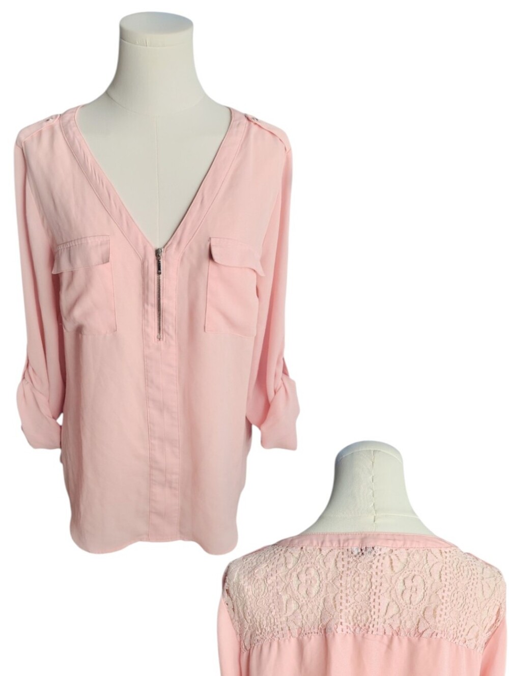 Candies Lace Light Pink Cuffed Sleeve Back Lightweight Feminine Blouse Size XL